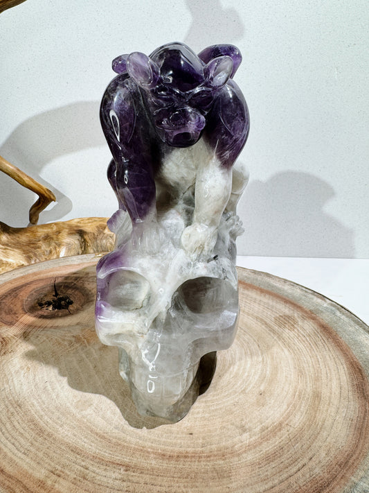 Amethyst skull with menasor