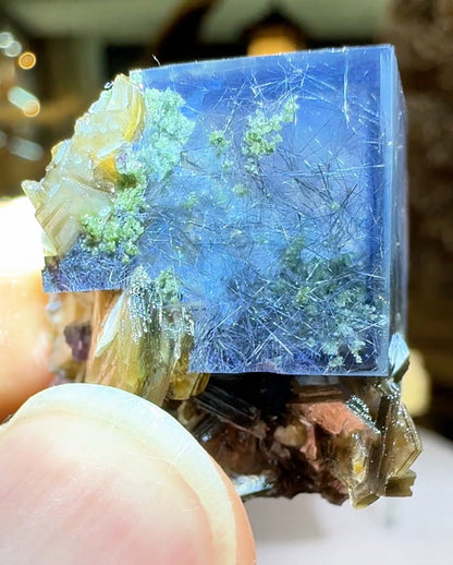 awesome double color fluorite with hair bismuthnite