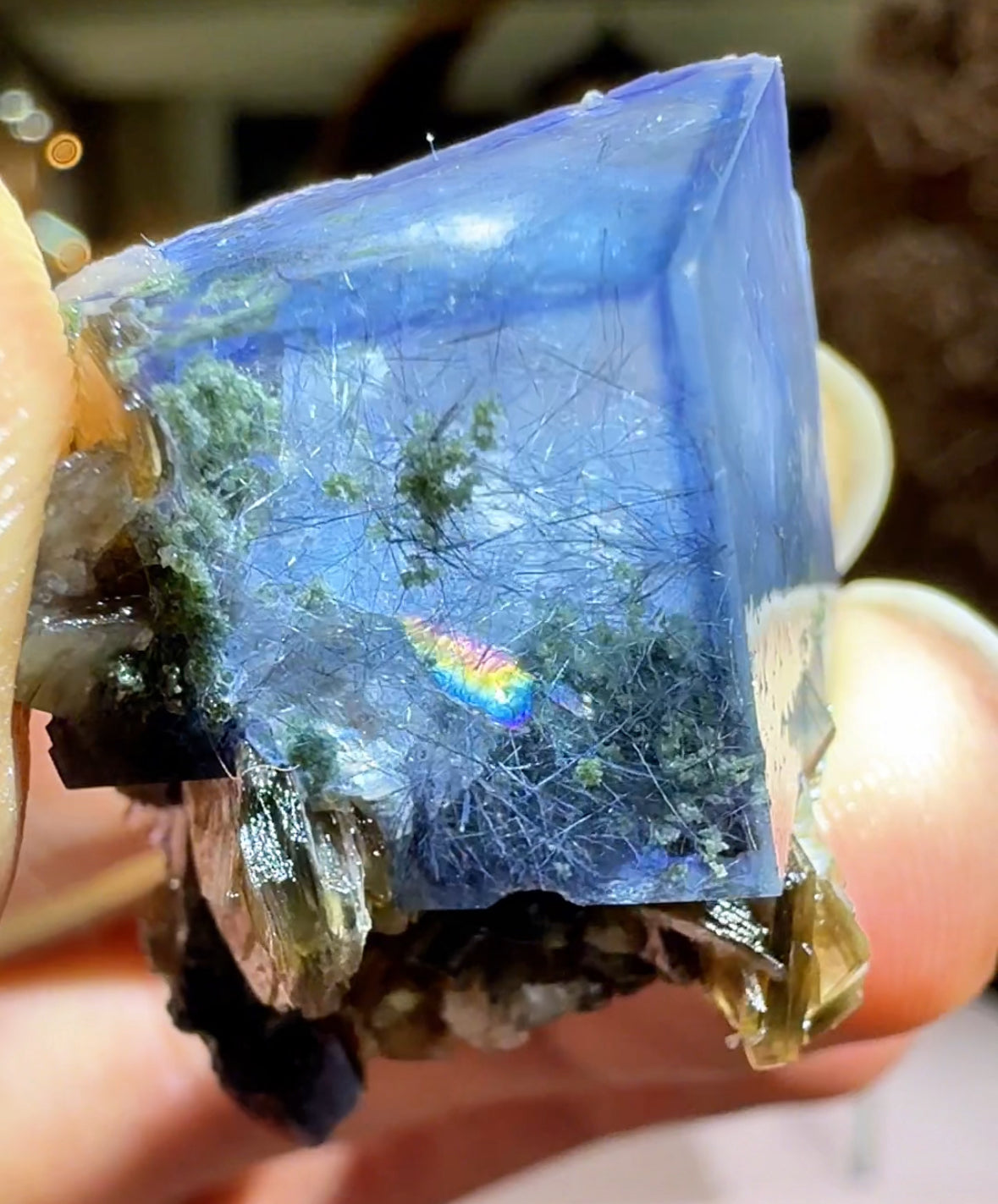 awesome double color fluorite with hair bismuthnite