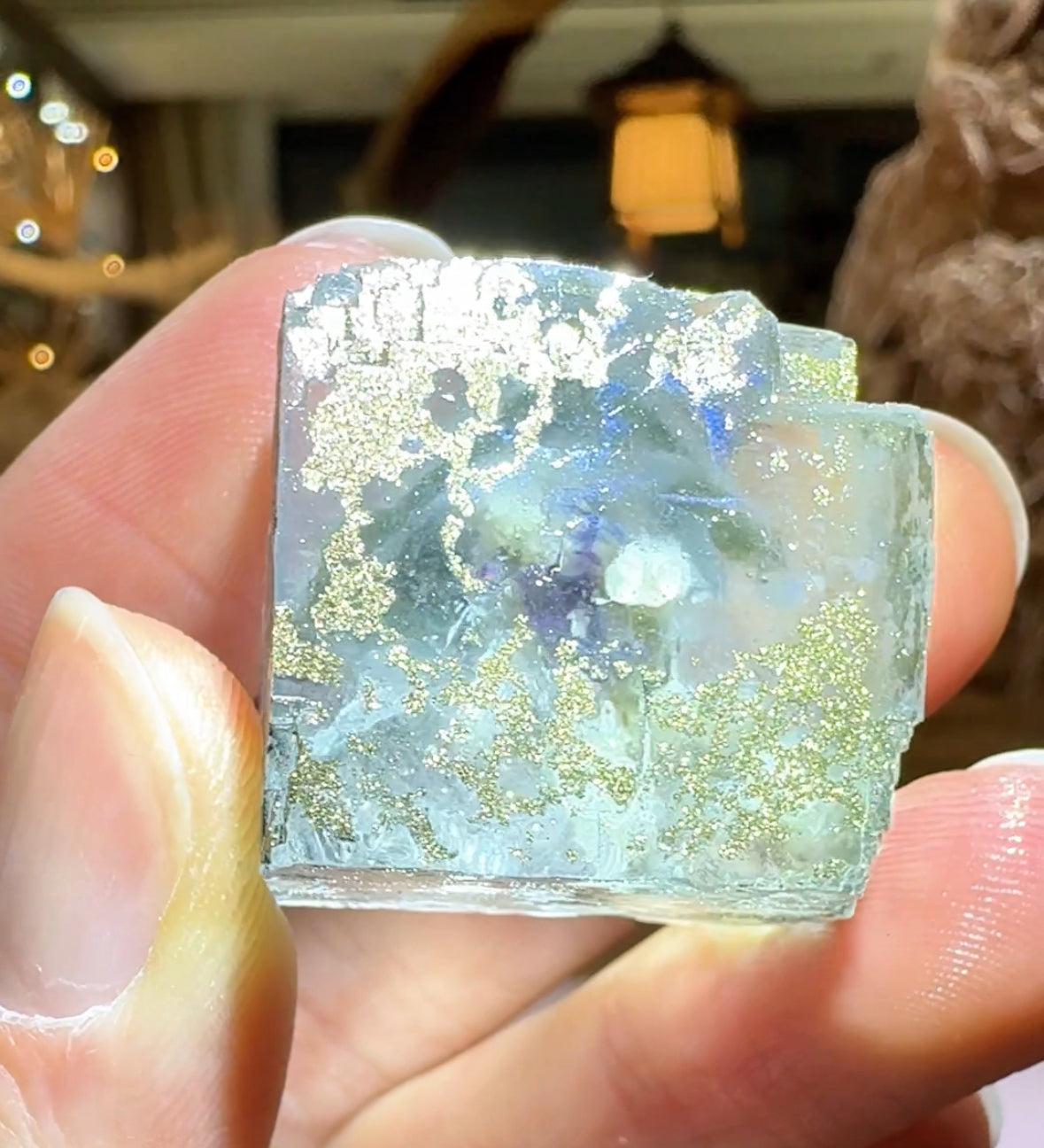 complete light green fluorite cube with shiny pyrite