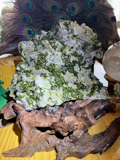 shiny green epidote with quartz cluster