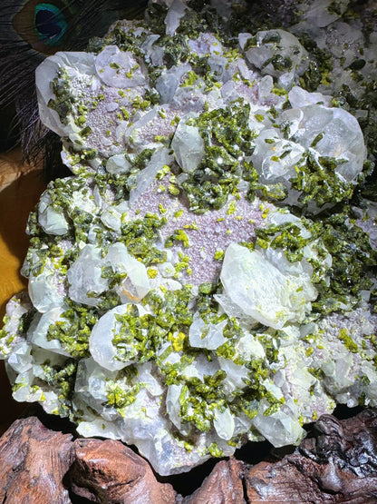 shiny green epidote with quartz cluster