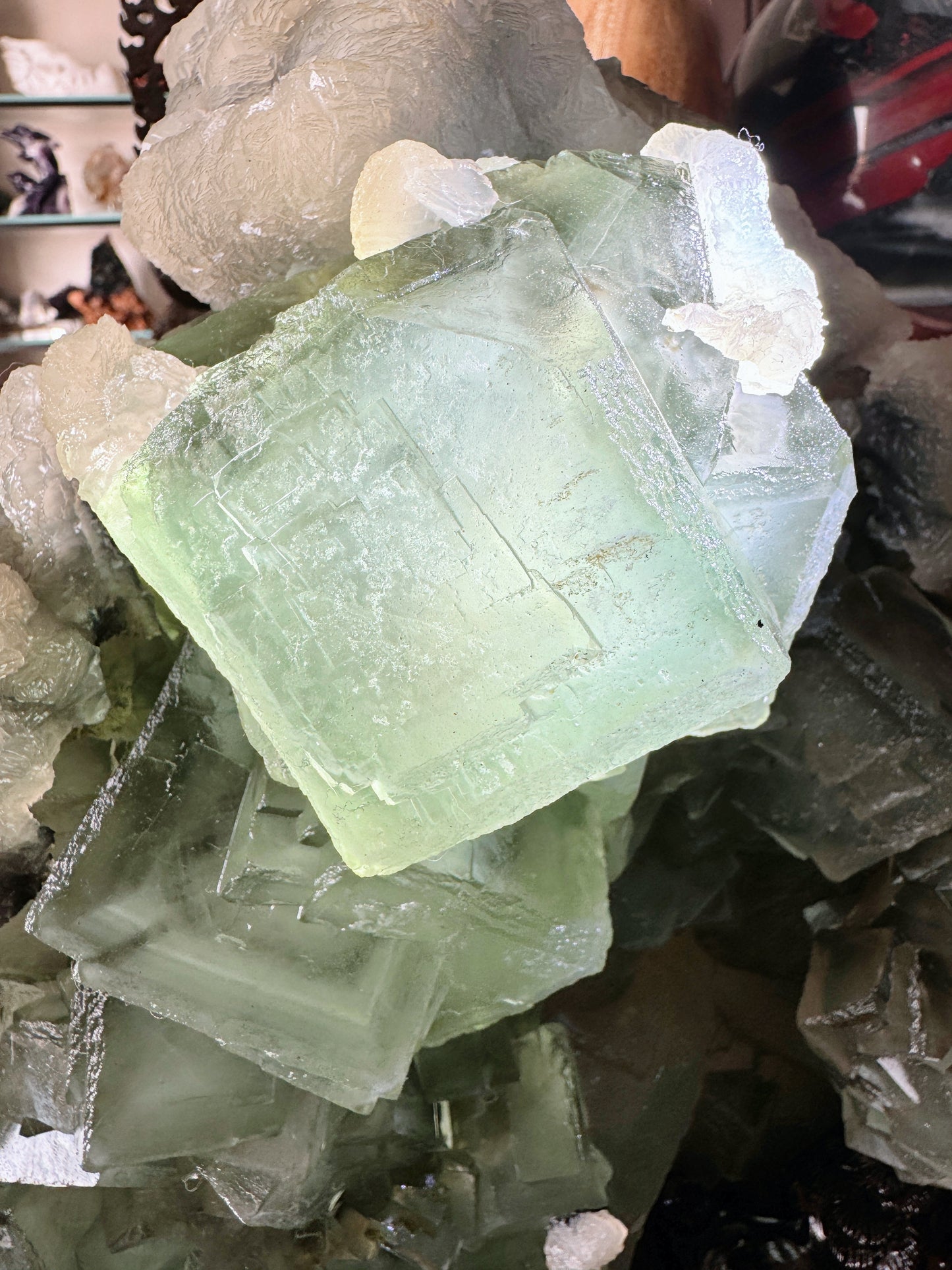 huge green fluorite cube with white byrite