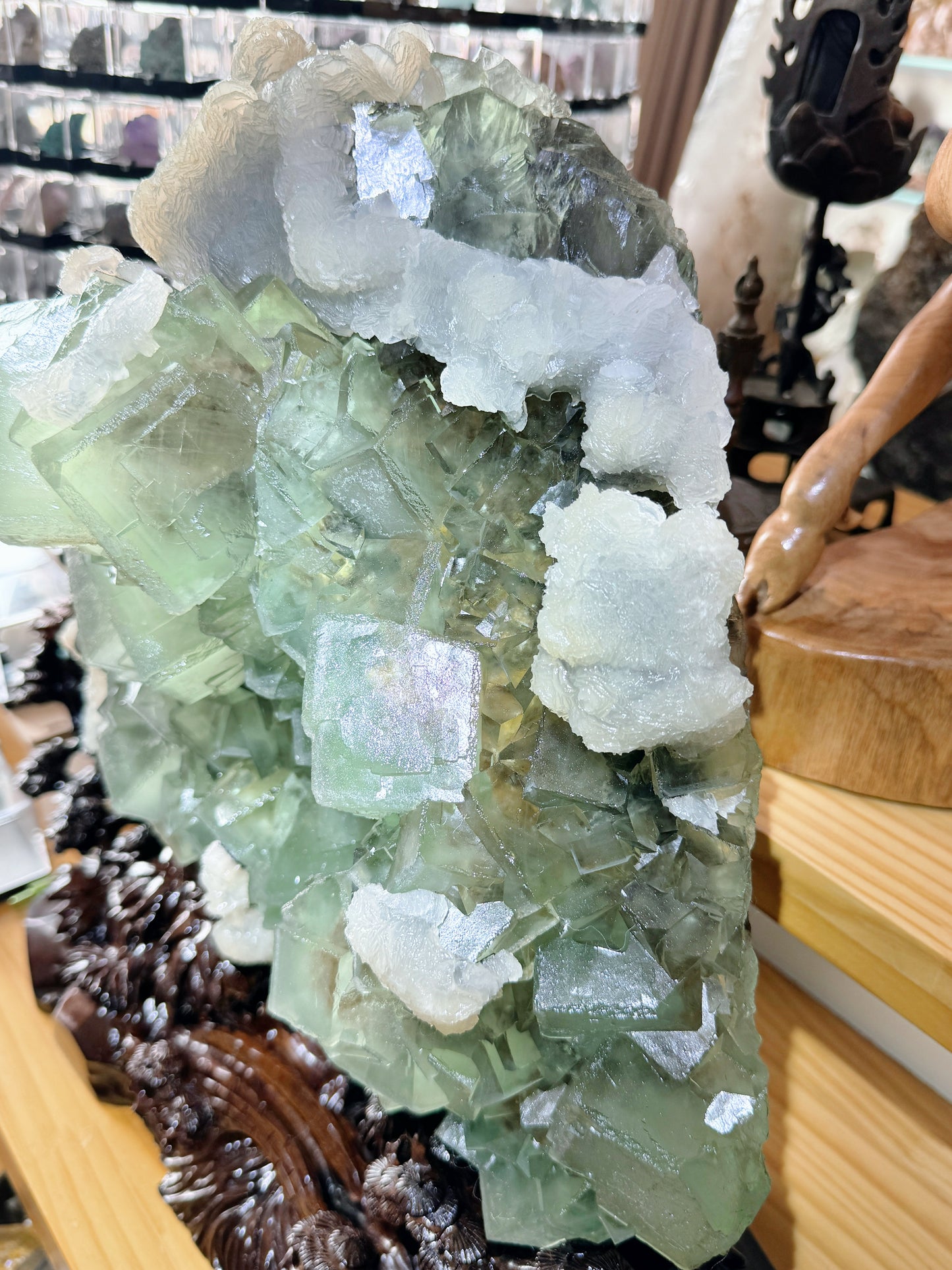 huge green fluorite cube with white byrite