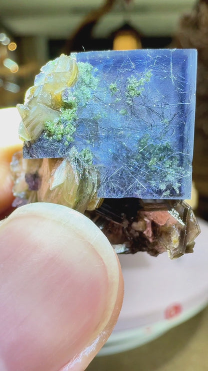 awesome double color fluorite with hair bismuthnite